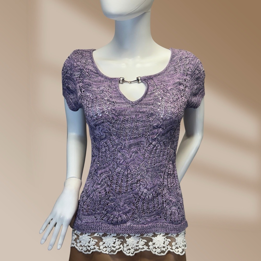 INC Ladies Purple Sweater with Lace Bottom Sz Small Silver Neck Accessory